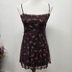 UO Moxie Butterfly Mesh Sheer Mini Slip Dress Straight Neck Fairy Whimsigoth